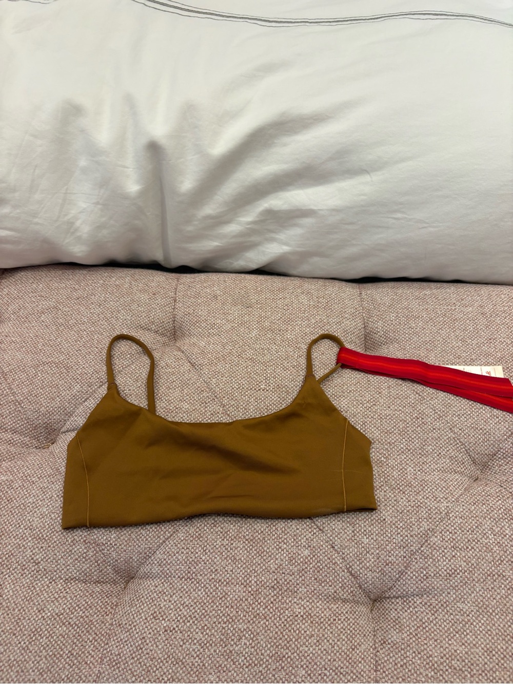Left On Friday Olive Brown Lightweight Bandeau Bikini Top and matching bottom.